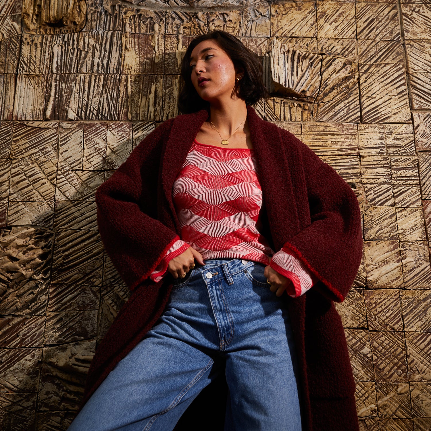 Theory - セオリー ストライプ アルパカ カーディガン ガウン ワインレッド S 19AW Mai Coatigan - Rosewood – Sage and Clare