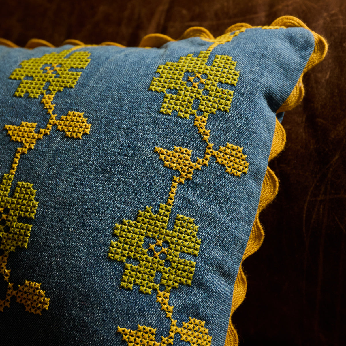 Anneliese Reversible Denim Cushion - Peridot Feather Insert