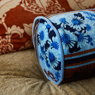 Devi Velvet Bolster Cushion - Blue Jean Feather Insert