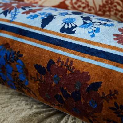 Devi Velvet Bolster Cushion - Blue Jean Feather Insert