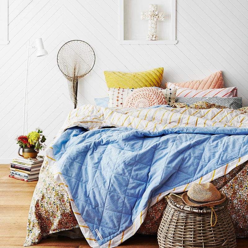 Daisy Block Print Quilt Cover With Blue Denim Chambray Reverse